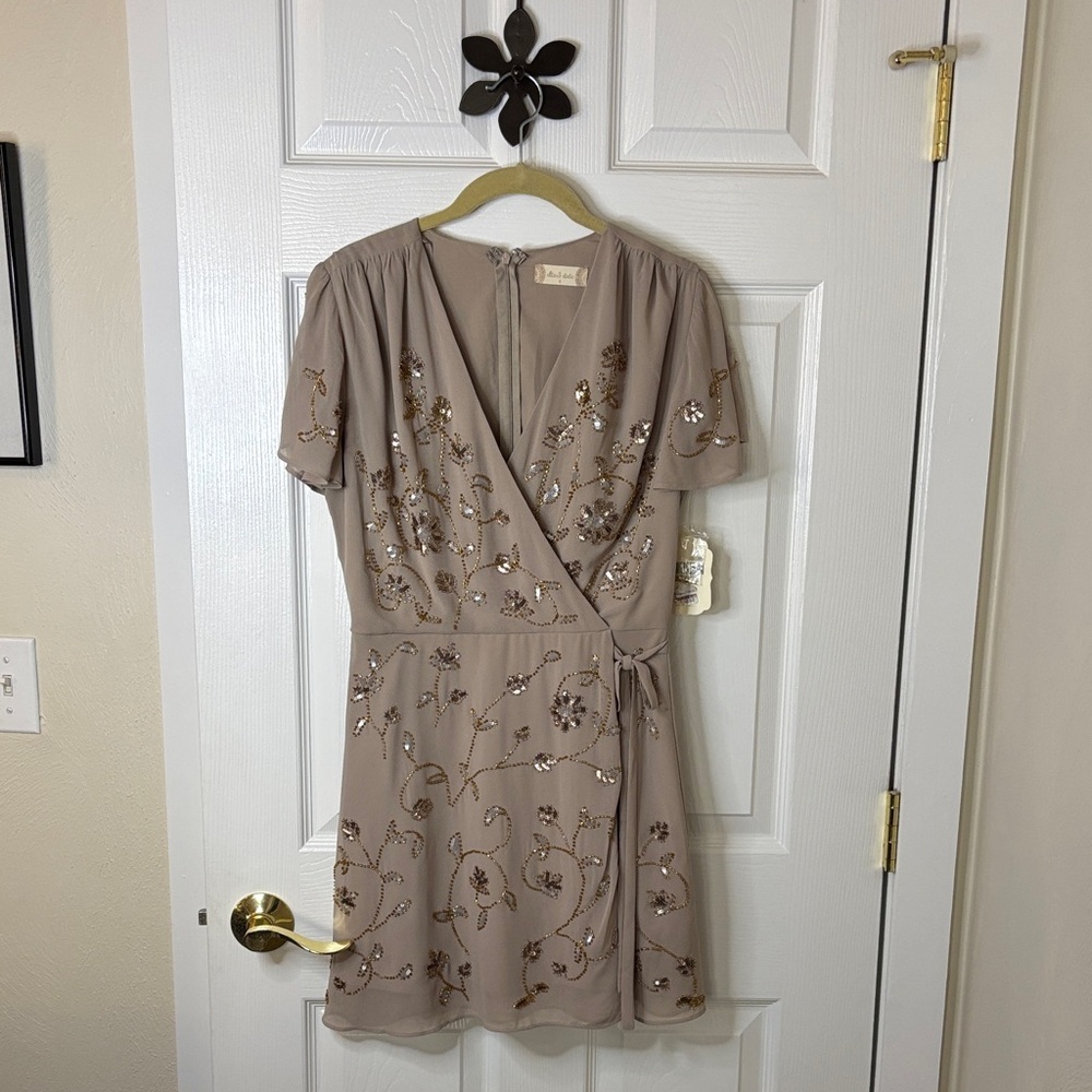 Altar'd State Taupe beaded Embroidered Mini Dress Wrap-Around Style Lined NWT Sm
